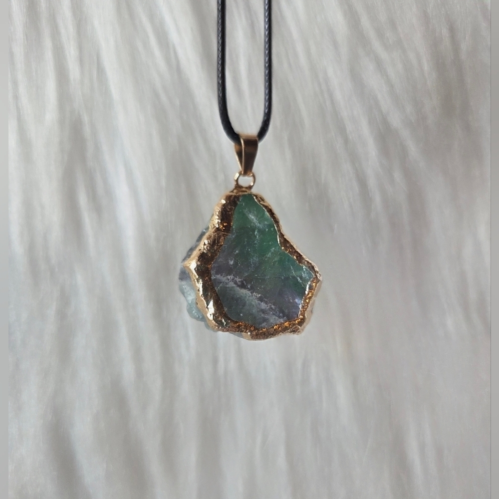 Hearth & Stone Co. Natural Uncut Flourite Pendant W/ Leather Rope & Gold Foils - Picture 7 of 8